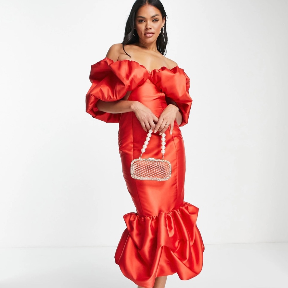 ASOS LUXE satin bubble bardot midi dress in hot red